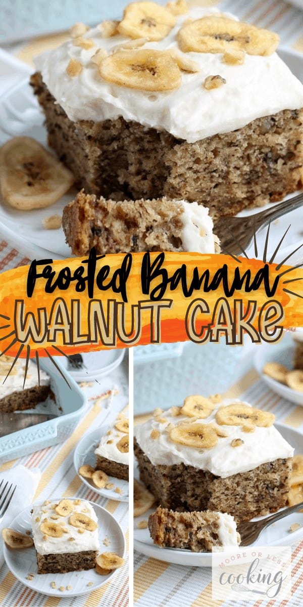 The Best Banana Walnut Cake is topped with a thick and creamy cream cheese frosting. It's baked up perfectly in a 13 x 9 baking dish with the best banana flavor, that is so soft & moist, and just crazy delicious. Optional garnish with sliced fresh bananas or banana chips and chopped walnuts for an amazing dessert! via @Mooreorlesscook