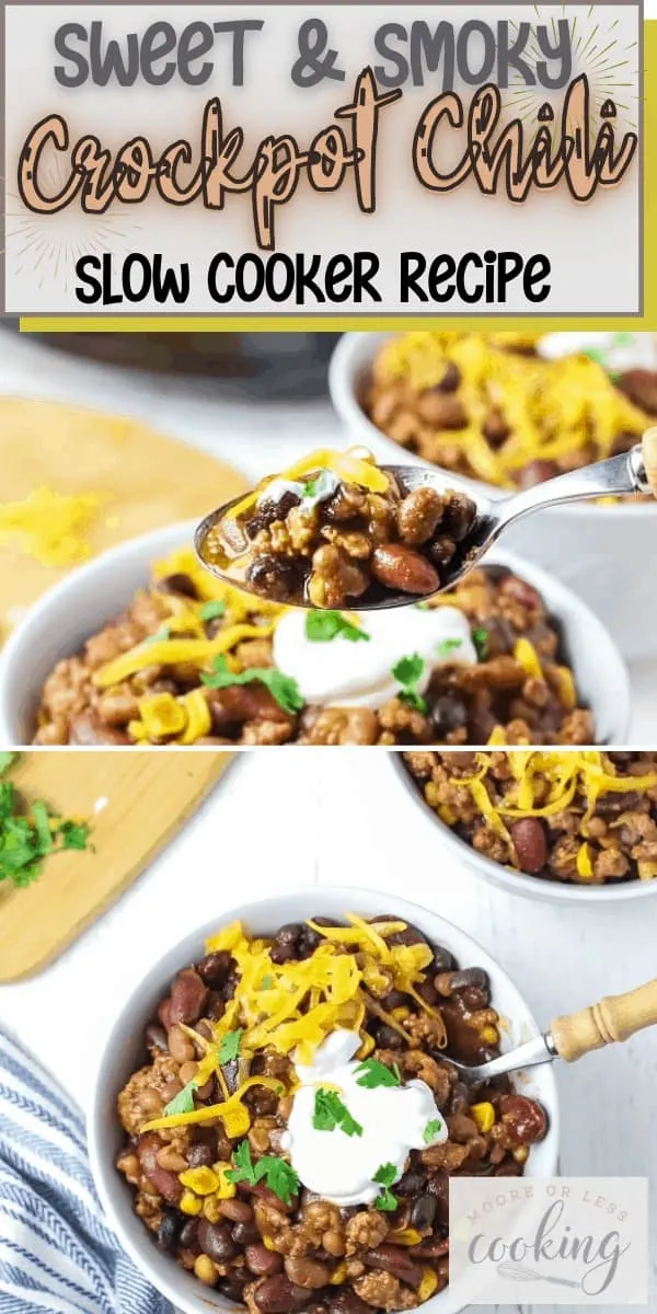 Sweet and Smoky Crockpot Chili is one of my favorite easy crockpot recipes. If you’re looking for the best chili recipe to make in your slow cooker, you’ve found it. This easy chili recipe is made with ground beef, bacon, onion, corn, garlic, spices, 5 types of beans. via @Mooreorlesscook