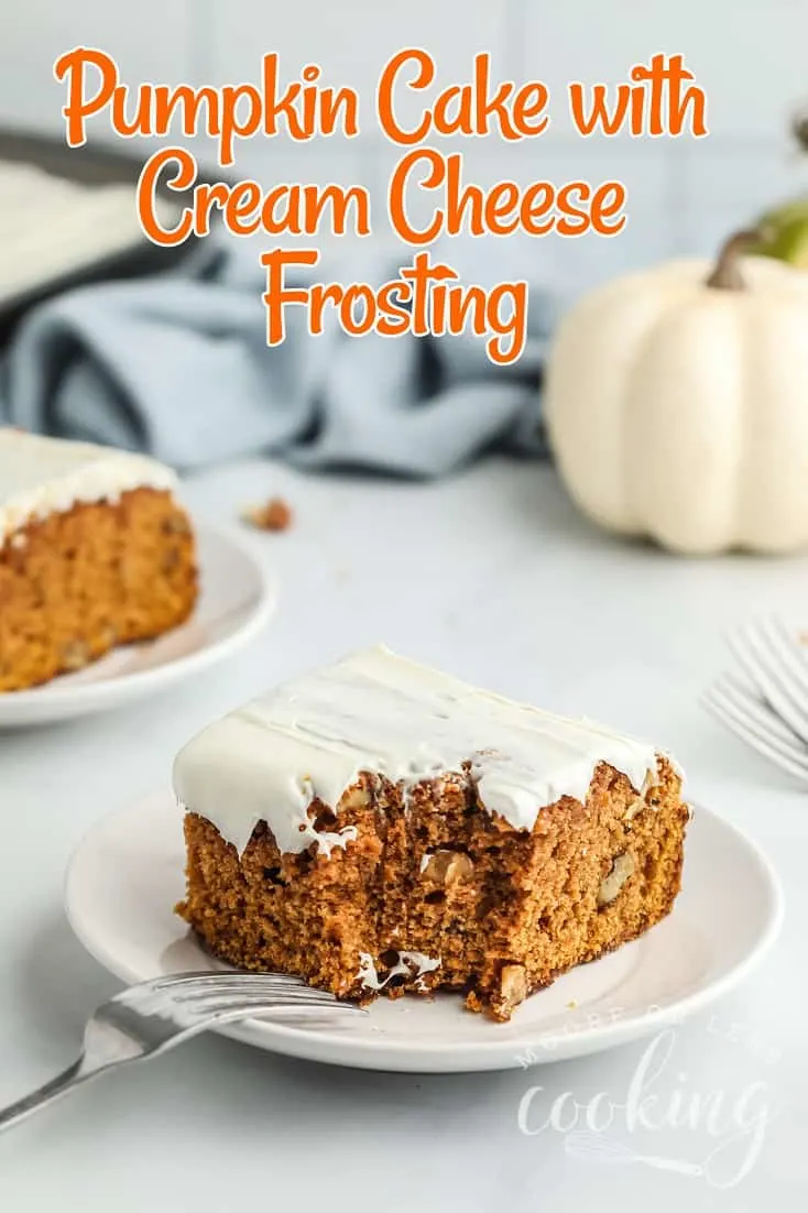 Celebrate the fall season with this heavenly pumpkin cake with cream cheese frosting. Full of pumpkin, spice, and everything nice, this cake is the perfect way to usher in autumn and the holidays. via @Mooreorlesscook
