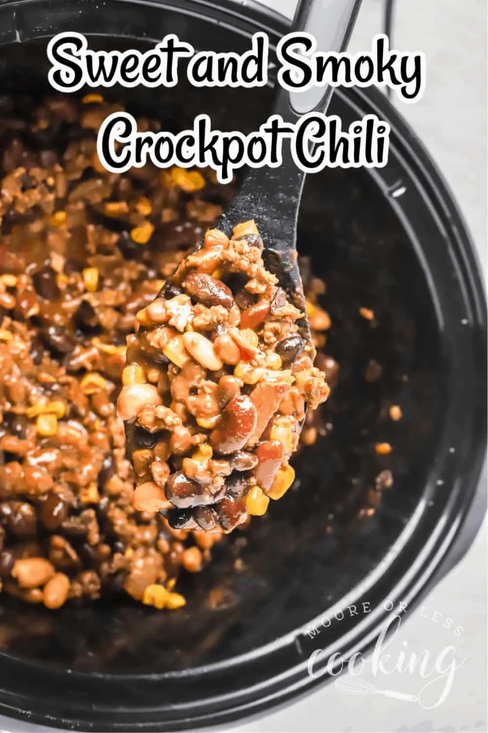 Sweet and Smoky Crockpot Chili is one of my favorite easy crockpot recipes. If you’re looking for the best chili recipe to make in your slow cooker, you’ve found it. This easy chili recipe is made with ground beef, bacon, onion, corn, garlic, spices, 5 types of beans. via @Mooreorlesscook