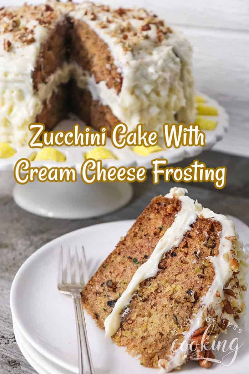 This zucchini layer cake is sweetly spiced and iced with a decadent cream cheese frosting. It's the perfect summer or anytime dessert that hides a fresh veggie in the batter. Your friends and family will rave about this deliciously moist cake! via @Mooreorlesscook