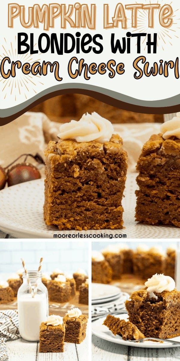 These delicious Pumpkin Latte Blondies with Cream Cheese Swirl add a touch of espresso plus the addition of sweetened cream cheese into the pumpkin batter. There’s an outrageous holiday flavor in every bite! via @Mooreorlesscook