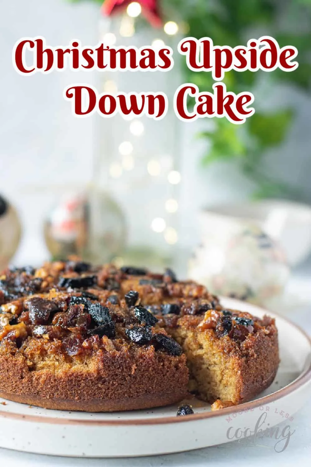This festive upside-down Christmas cake makes a delicious coffee cake dessert. Spiced with a cinnamon, nutmeg, and cloves batter, this cake features a fruit and nut topping that's a perfect pairing for this delectable holiday dessert. via @Mooreorlesscook