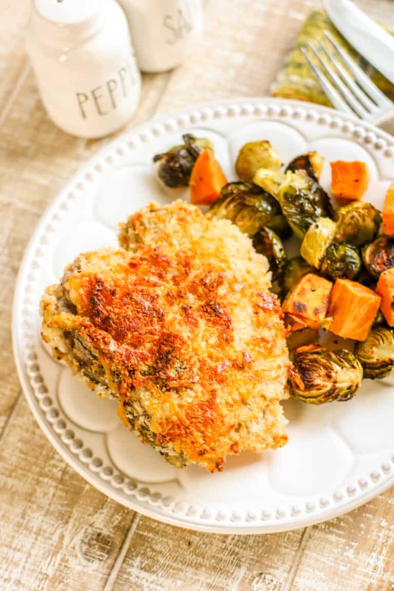 Sheet Pan Crispy Cheddar Pork Chops with Brussels Sprouts and Sweet