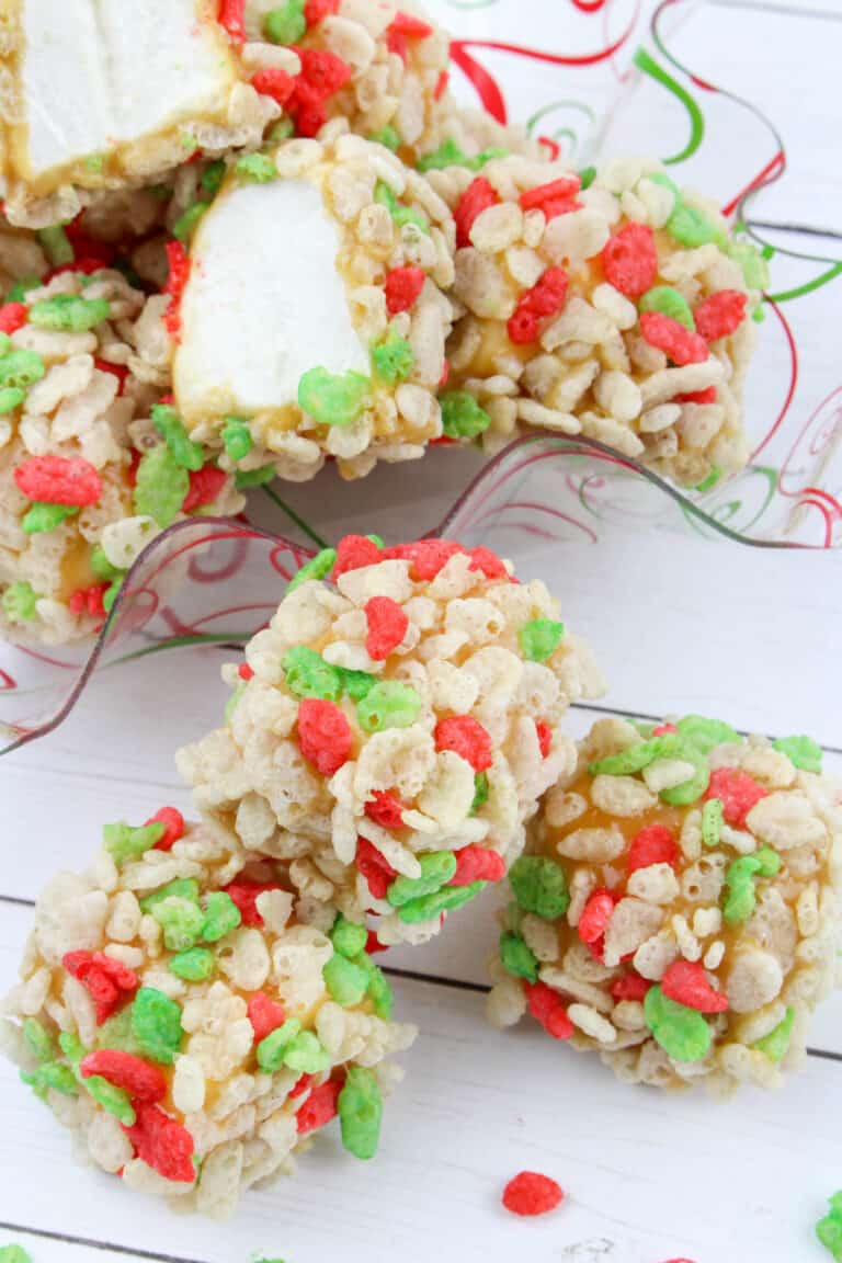 Christmas Caramel Marshmallow Rice Krispies Balls - Moore or Less Cooking