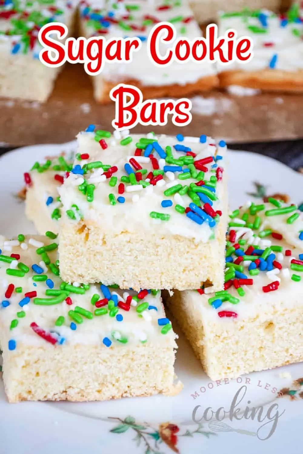 These Sugar Cookie Bars are a soft, sweet, and chewy vanilla crumb layer topped with a buttercream frosting and decorated with sprinkles. These delectable bars taste just like your favorite sugar cookie, but with a slathering of sweet and buttery icing. via @Mooreorlesscook