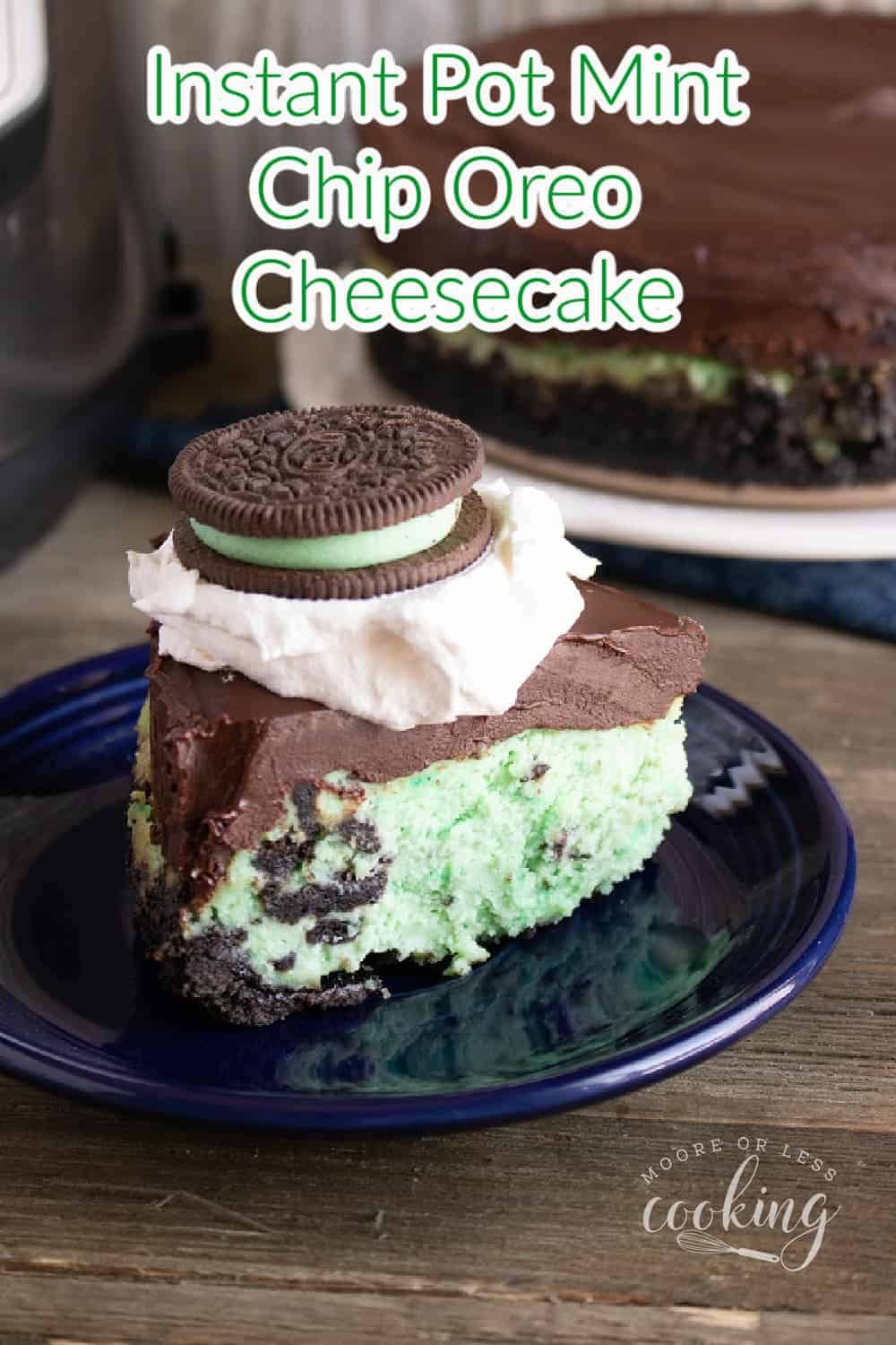 Let your Instant Pot make the most delectable mint Oreo cheesecake that you've ever tasted. An Oreo crust holds the minty cheesecake mixture that's topped with a chocolate ganache. It's a decadent dessert that's made even easier by using your pressure cooker. via @Mooreorlesscook