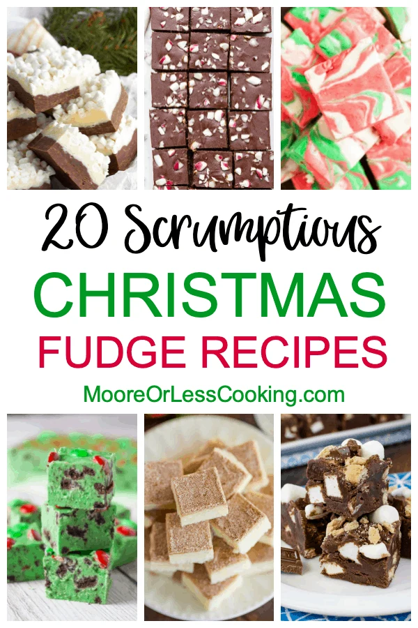 If you’re looking for a quick holiday sweet treat, you’ll want to check out these 20 scrumptious Christmas fudge recipes. Basic fudge recipes get up-leveled to festive status with the addition of nuts, caramel, peppermint, eggnog, marshmallows, flavored extracts, and more. You’ll find stovetop versions as well as quick-melt versions of delectable fudgy recipes that are perfect for parties, gift-giving, or just countertop sweet treats. From dark chocolate to white chocolate, these fudge recipes are sure to satisfy your sweet tooth while also helping you celebrate the Christmas season. via @Mooreorlesscook