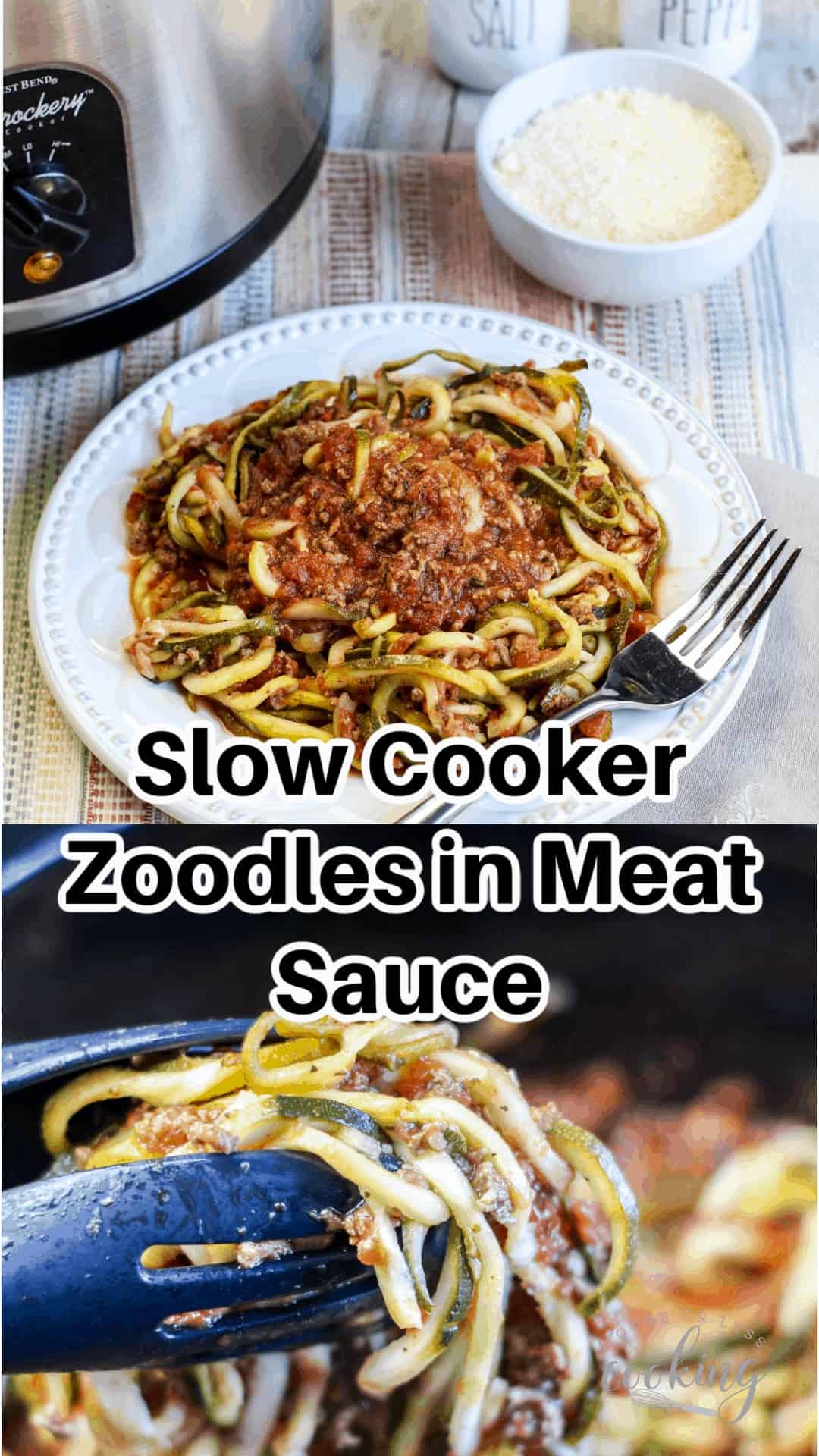 Slow Cooker Zoodles in Meat Sauce is a healthier alternative to a traditional pasta spaghetti meal. It’s a delicious low carb version that substitutes zucchini noodles for pasta with a robust-flavored bolognese sauce. via @Mooreorlesscook