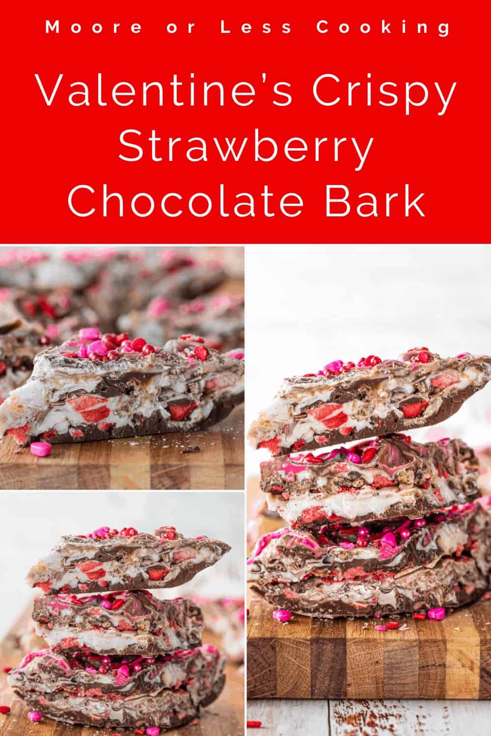 pin collage three images Valentine’s Crispy Strawberry Chocolate Bark