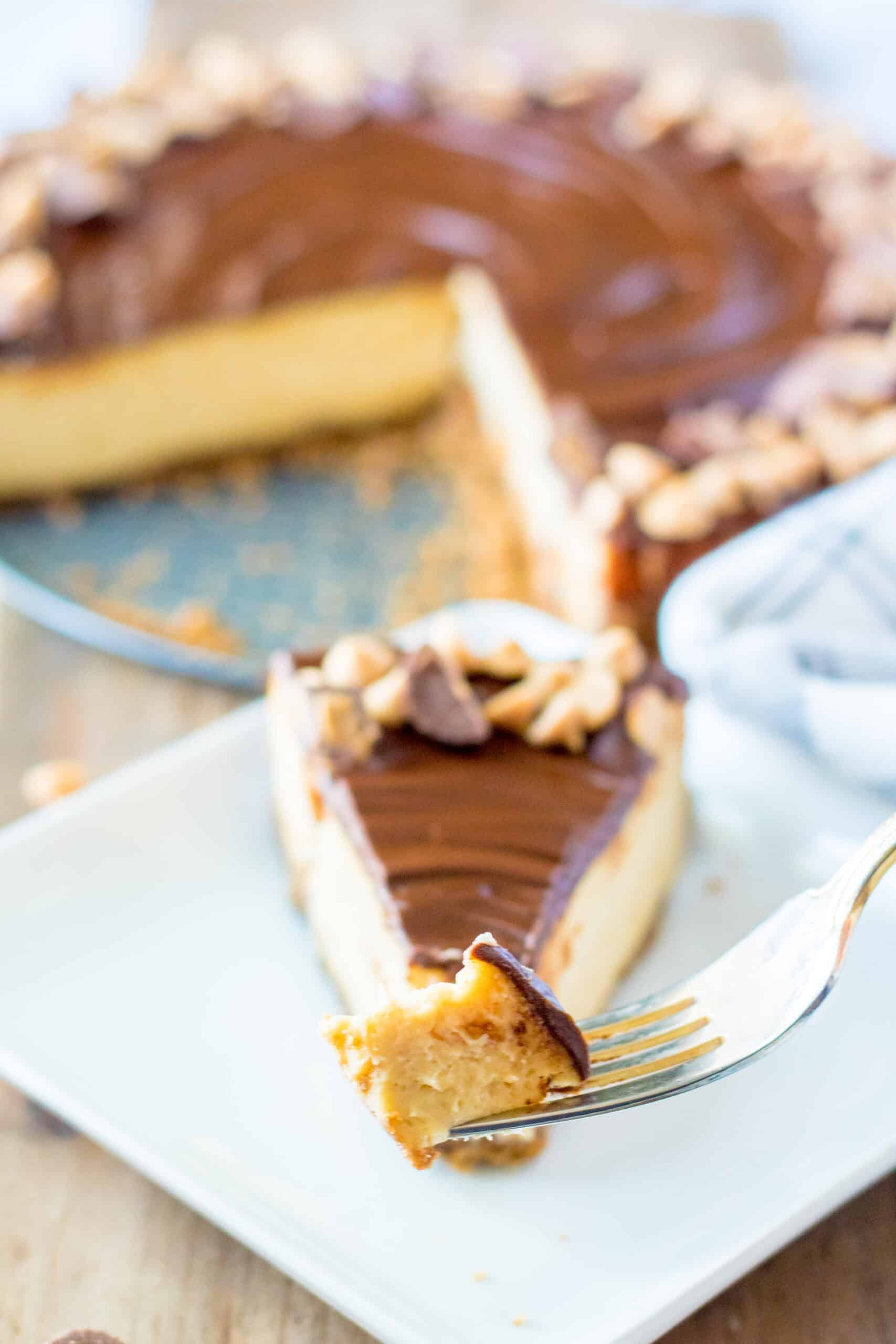 bite size piece on silver fork peanut butter cup cheesecake