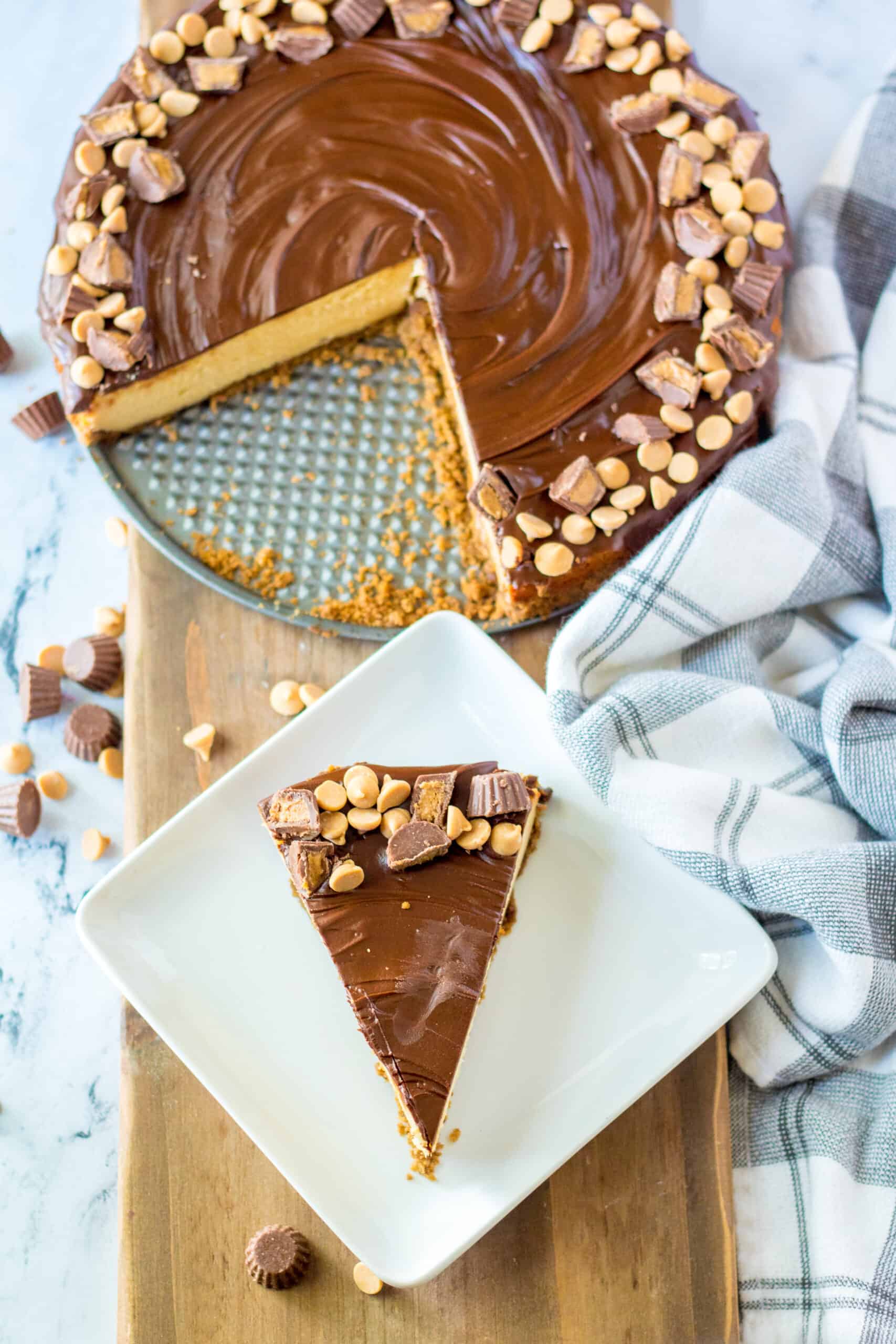 slice pb cup cheesecake and whole cheesecake