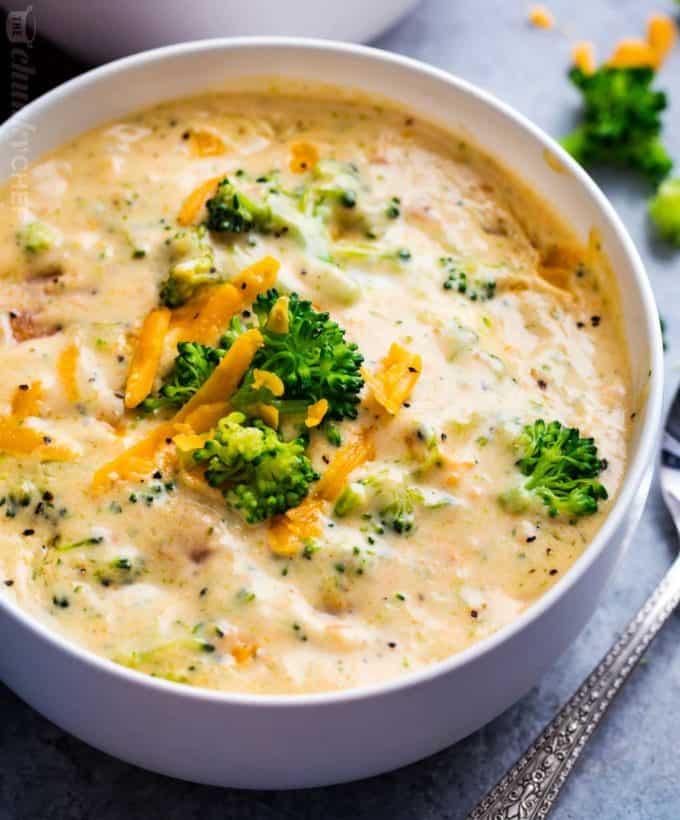 white bowl broccoli and cheddar soup