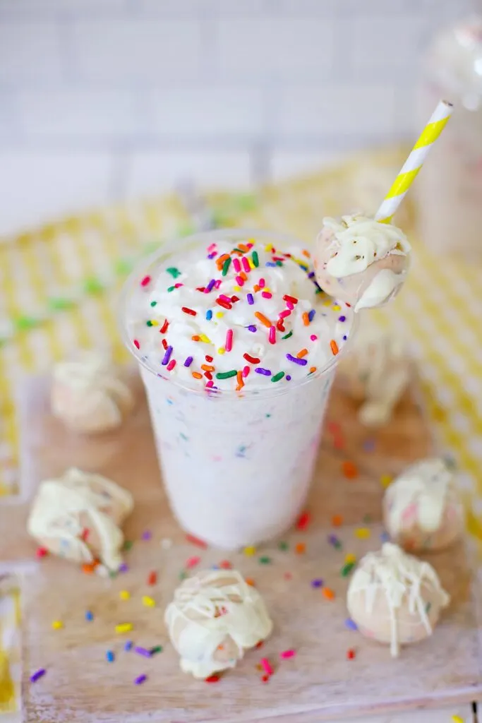 Copycat Starbucks Birthday Cake Frappuccino creamy ice cold refreshing dessert beverage with extra cake balls
