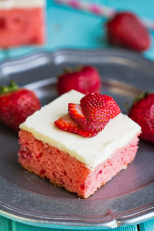 slice of strawberry sheet cake