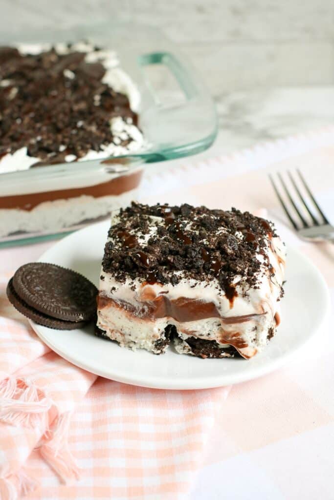 Hero shot of no bake oreo cookie delight dessert sliced served ready to eat