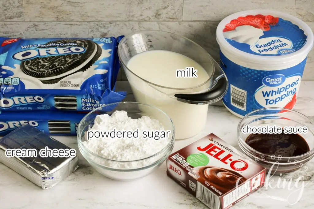 ingredients for the no bake layered oreo cookie delight , 7 ingredients
