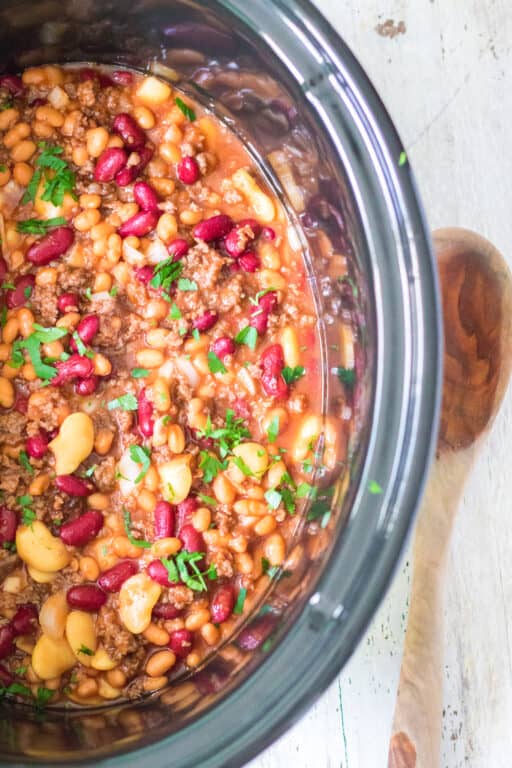 Slow Cooker Beefy Baked Beans - Moore or Less Cooking