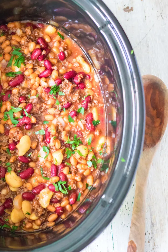 beefy baked beans all cooked in the slow cooker ready to be served