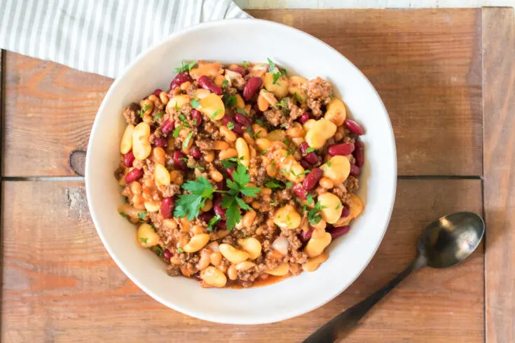 horizontal shot of slow cooker beefy baked beans