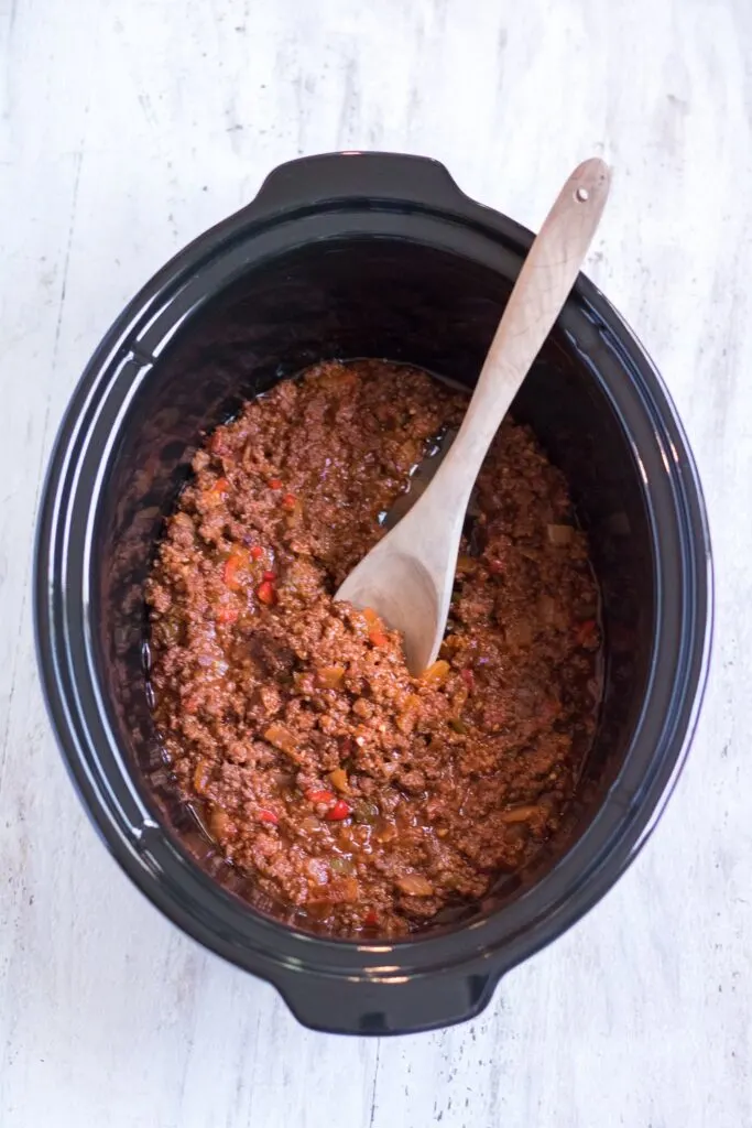 full shot of meaty mixture for sloppy joes cooked and ready to eat