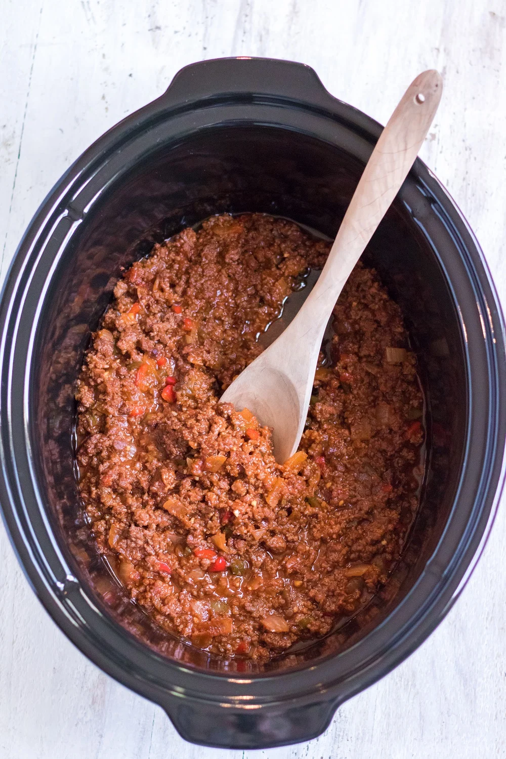 Ingredients cooked in slow cooker for Sloppy Joes