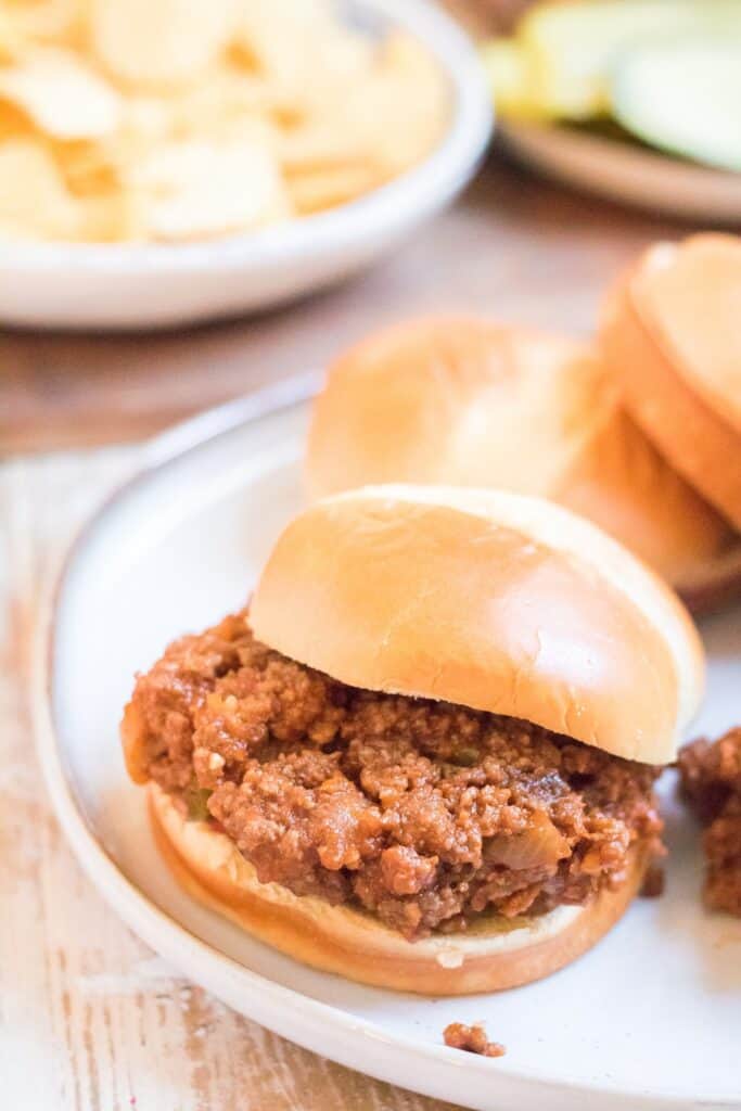 close up of sloppy joes on buns ready to be served