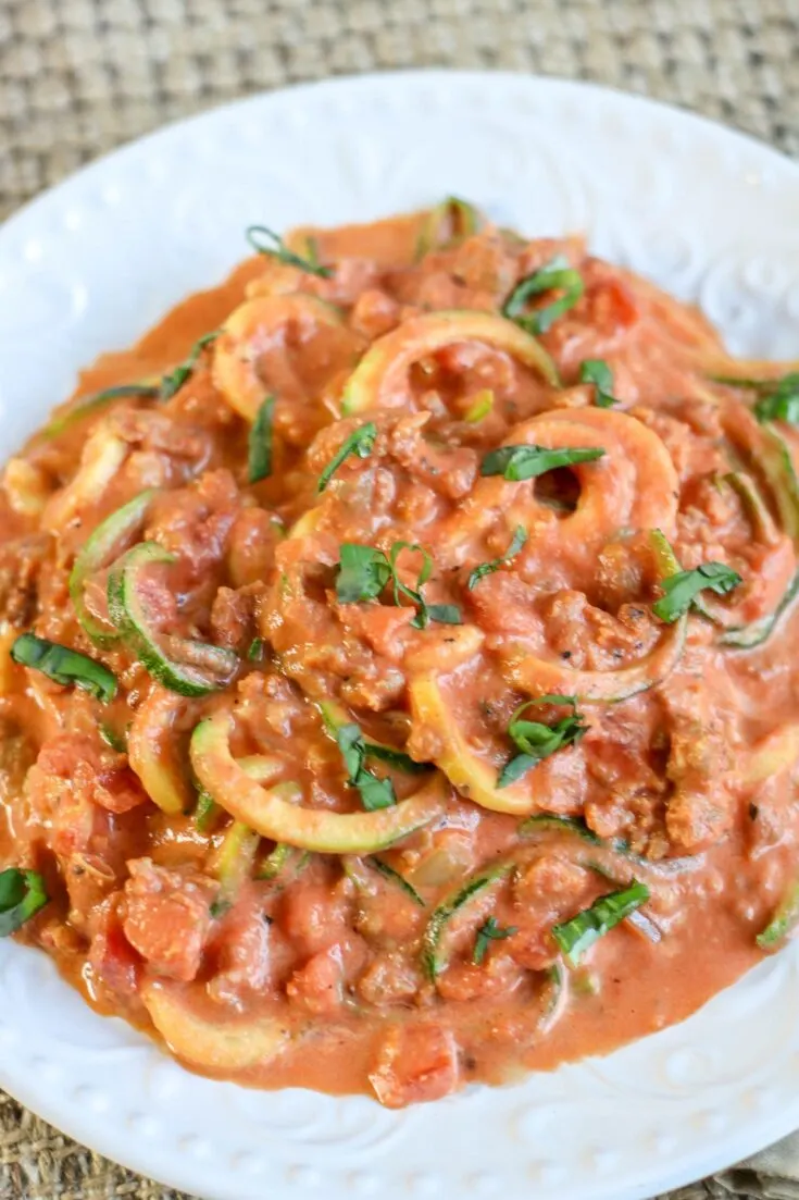 plate with creamy tomato sauce and zoodles