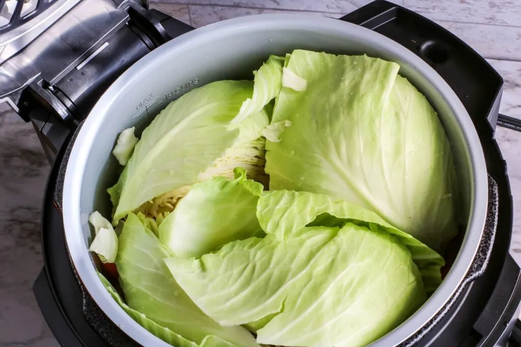 Cabbage leaves are placed in Ninja Foodi.