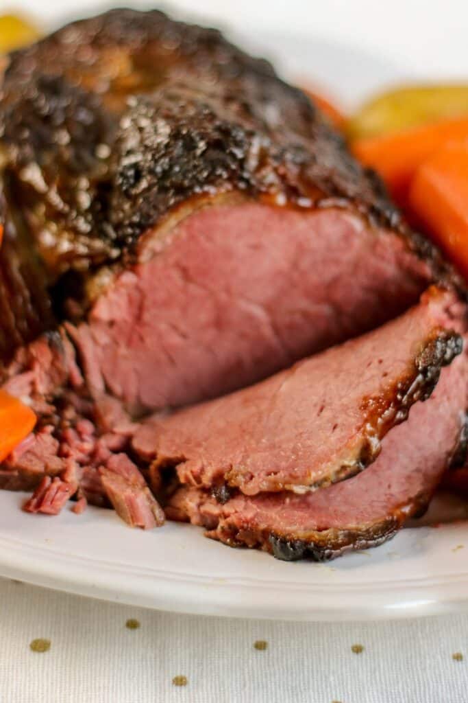 close up of corned beef cooked in the Ninja Foodi