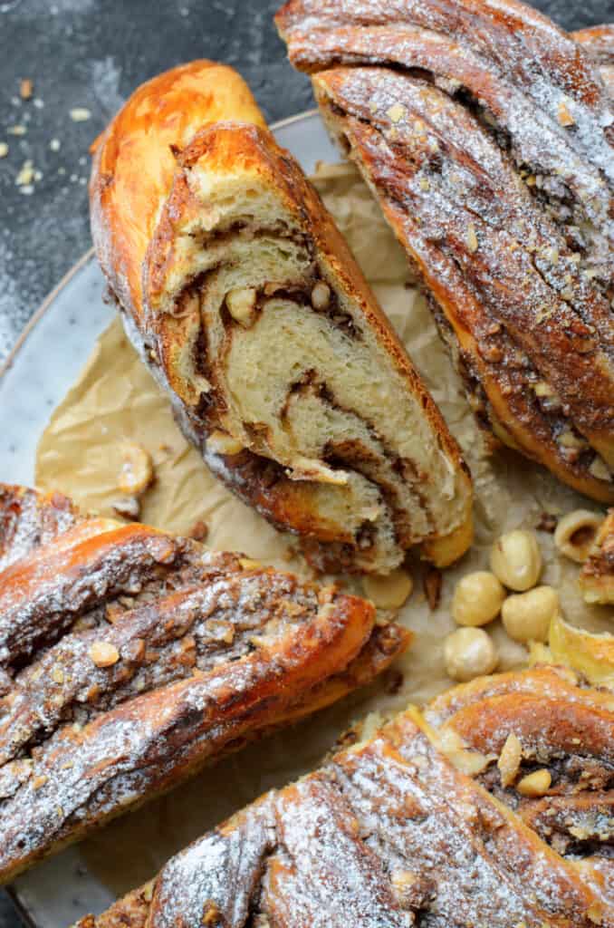 Nutella Hazelnut Wreath Bread ready to serve baked and sliced 