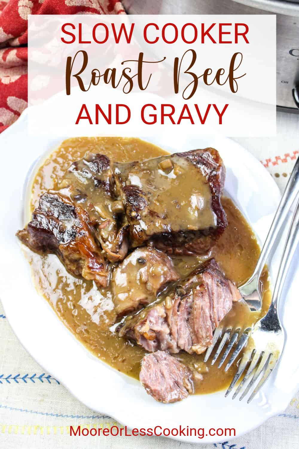 This slow-cooker roast beef and gravy recipe is a classic comfort food meal that's fall-off-the-fork tender, flavorful, and most of all, easy! It's a set-it-and-forget-it meal that's guaranteed to be a family favorite. via @Mooreorlesscook
