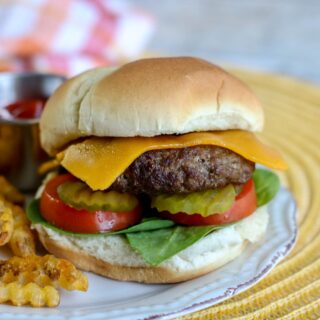 Air Fryer Burger with cheese lettuce tomato pickles