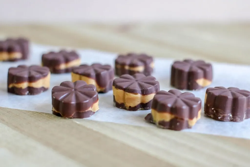 horizontal side view Keto Peanut Butter Chocolate Fat Bombs 