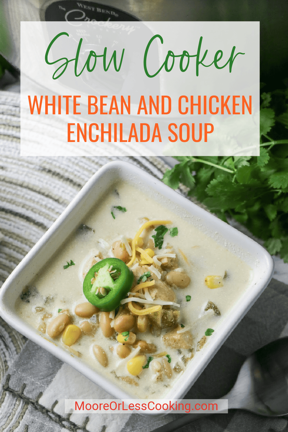 Creamy, hearty, and comforting, this Slow Cooker White Bean and Chicken Enchilada Soup is loaded with green chiles, beans, spices, and chunks of chicken. It's a set-it-and-forget-it meal, thanks to your slow cooker! via @Mooreorlesscook