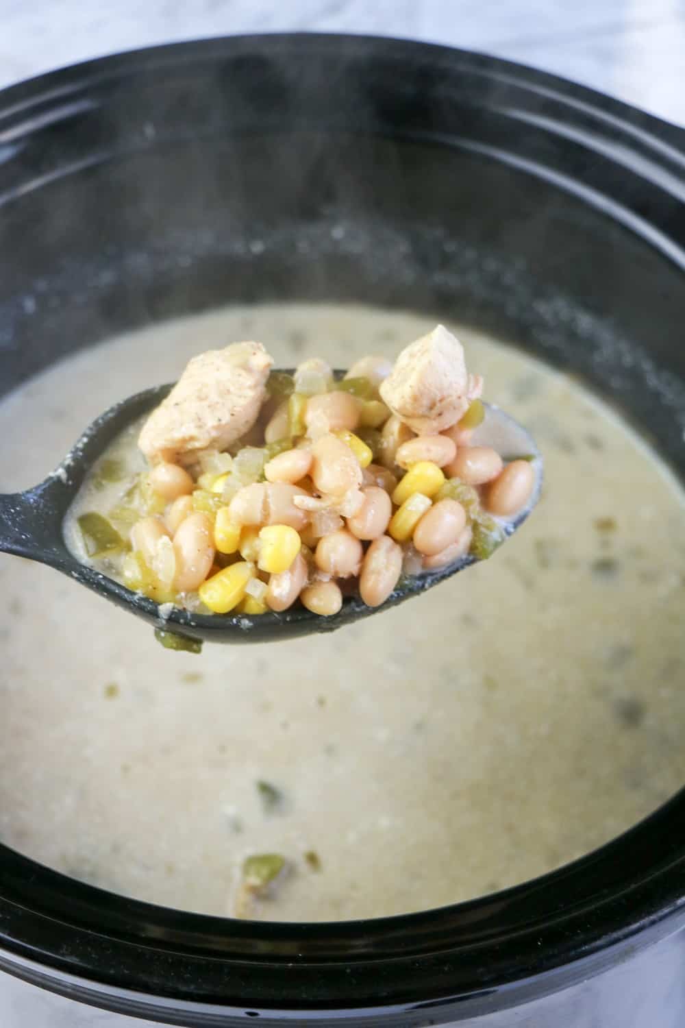 Slow Cooker White Bean and Chicken Enchilada Soup - Moore or Less Cooking