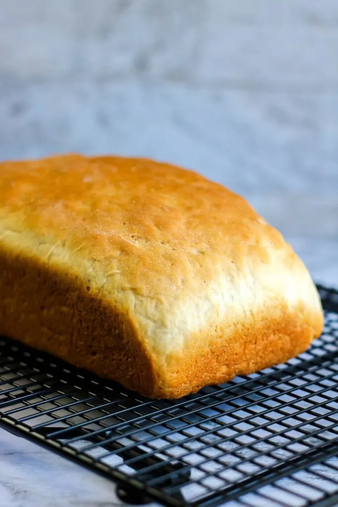 Bread in a bag full loaf of bread on wire cooler vertical shot 