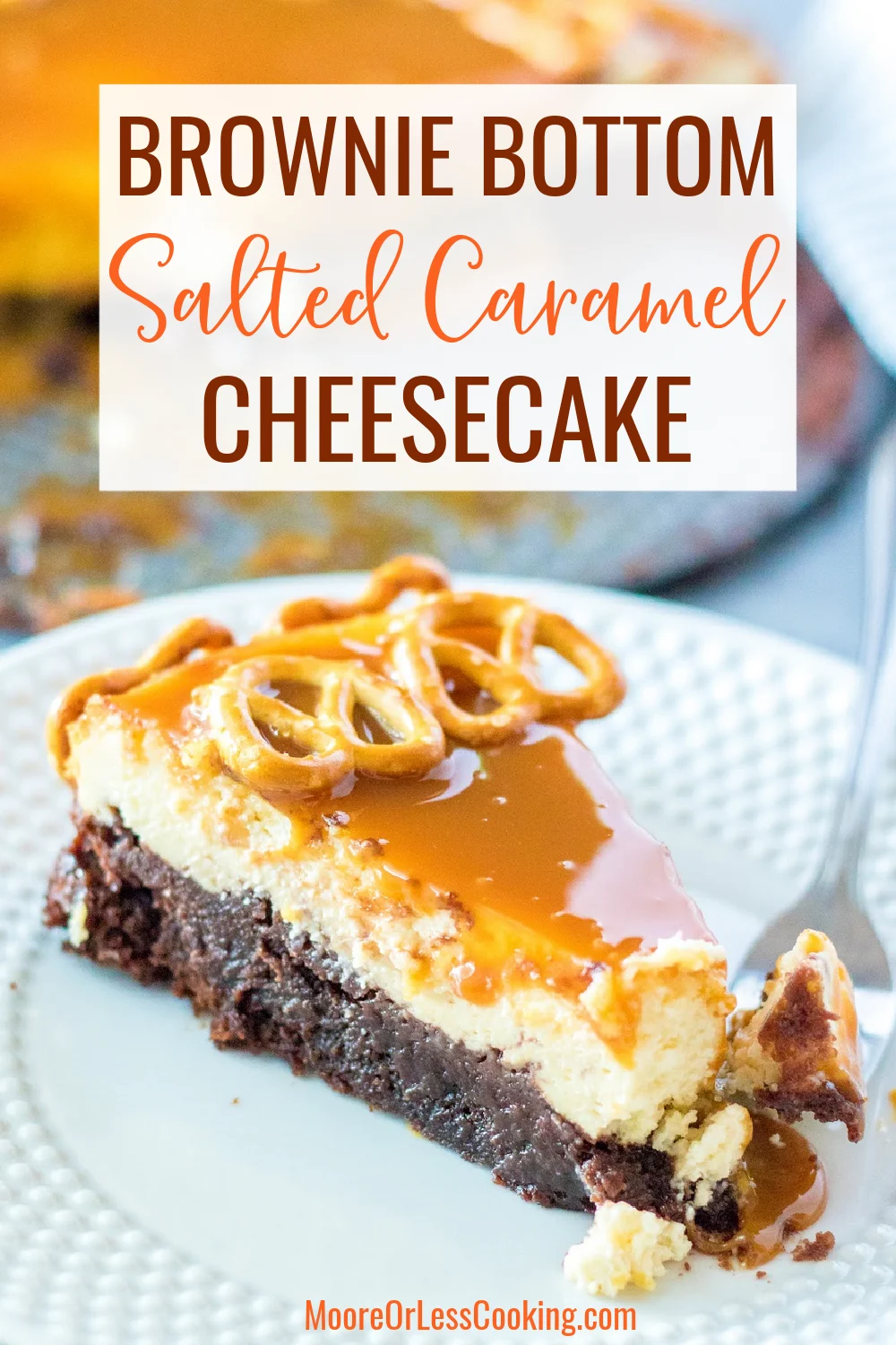 The chocolate brownie crust holds the sweetened cream cheese filling that's baked to smooth perfection before being topped with caramel sauce. Add the perfect salty crunch with pretzels as a decorative element to line the sides of the baked and cooled cheesecake just before serving. via @Mooreorlesscook