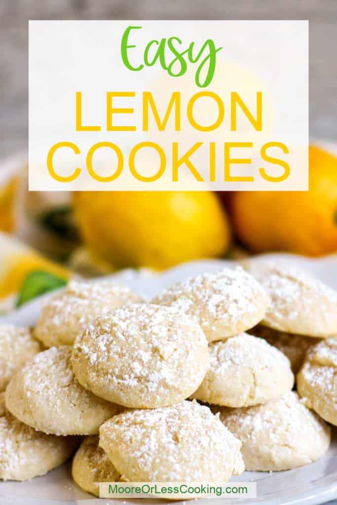 pin vertical shot hero Lemon Cookies on a platter with lemons