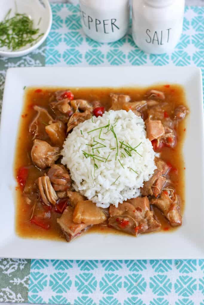 Instant Pot Hawaiian Chicken hero with rice and salt and pepper shakers green onions on side
