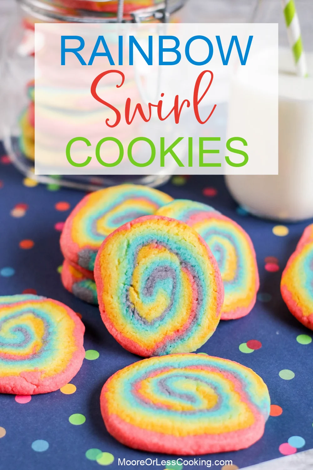 Fun, bright swirls of color make these easy rainbow cookies immediately irresistible! Cookie dough is quickly turned into a pinwheel of color with this fun sugar cookie recipe that's a simple slice and bake effort that's always a hit. via @Mooreorlesscook