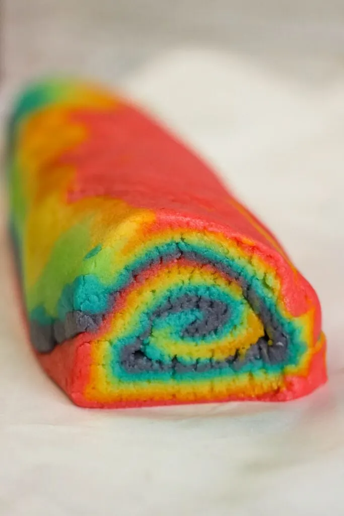 rainbow swirl cookie dough ready to cut