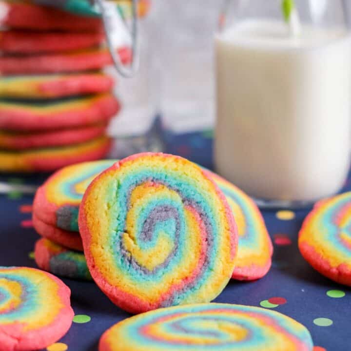 horizontal image rainbow swirl cookies jug milk