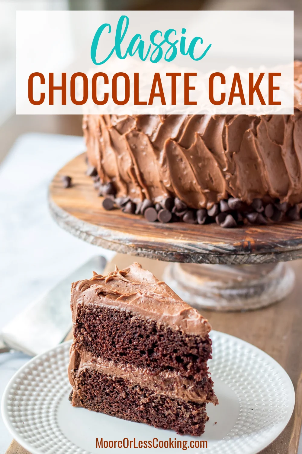 A milk-chocolate buttercream frosting adorns this classic chocolate layer cake that's rich and moist, making it the perfect dessert for any occasion. It's made from scratch and infused with chocolate goodness, inside and out. via @Mooreorlesscook