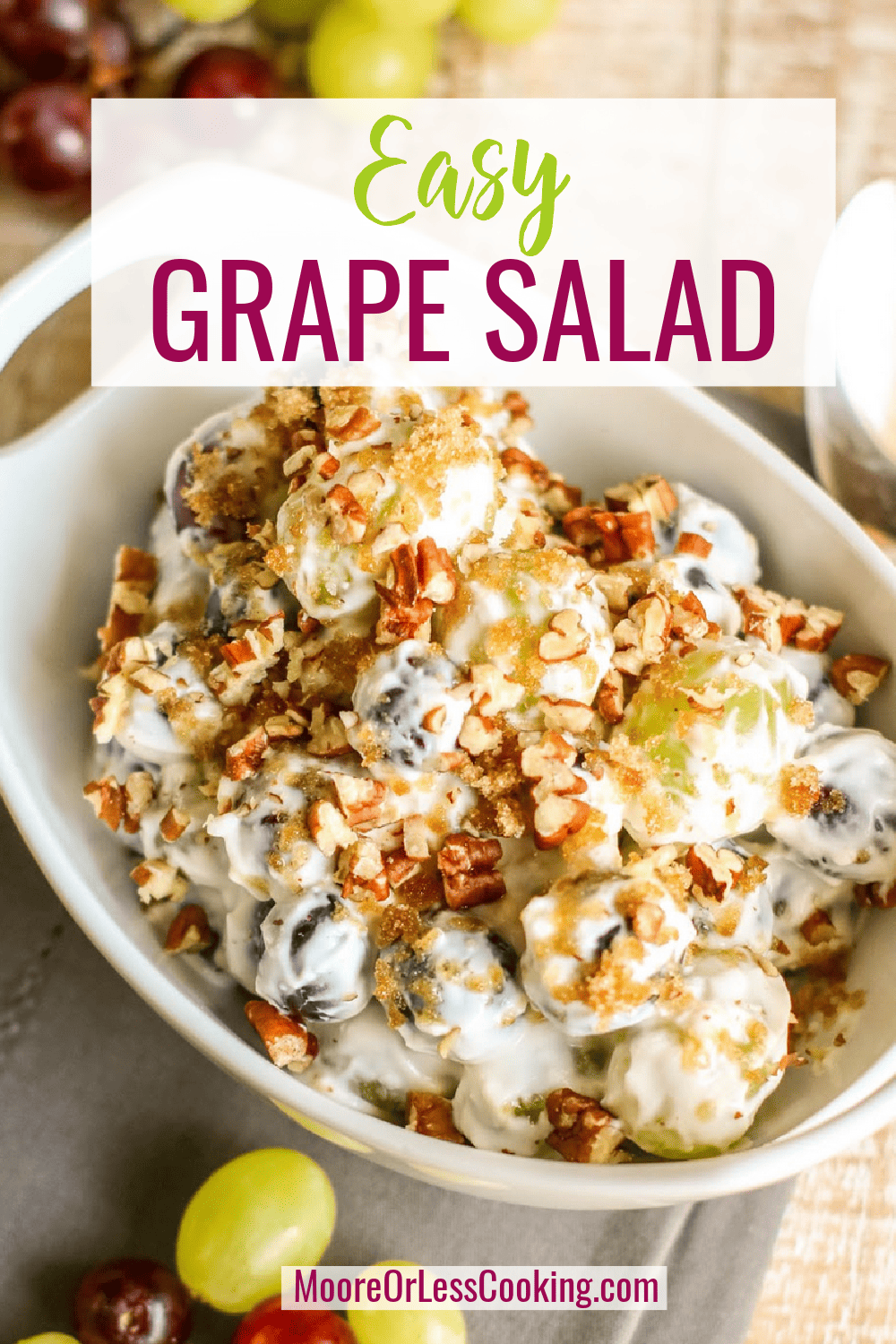 Plump, juicy green and red grapes are tossed in a sweet and creamy dressing and garnished with a brown sugar and pecan topping in this easy grape salad recipe. It's the perfect dish for potlucks and BBQs that comes together in just minutes! via @Mooreorlesscook