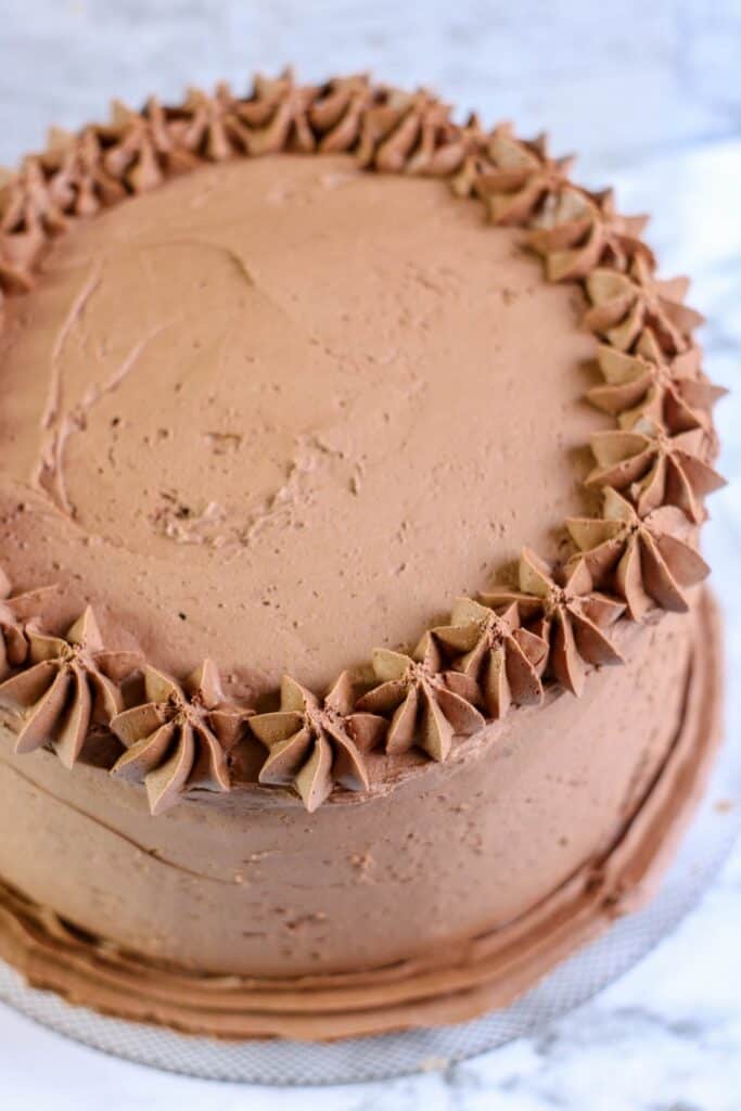 top of full cake Chocolate cake with Chocolate buttercream frosting