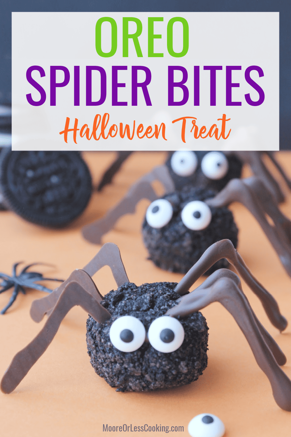 These Oreo Spider Bites are the perfect no-bake edible craft to make for Halloween. They're adorable, delicious and easy enough that even the kids can help make them! via @Mooreorlesscook