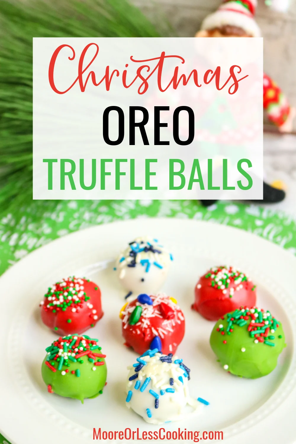 You'll love this scrumptious holiday Oreo Truffle Ball recipe that's dipped in chocolate and decorated with merry sprinkles for an easy and crowd-pleasing Christmas sweet treat. Whether you make an elegant white snowball truffle, a festive ugly Christmas sweater version, or a green and red Grinch-inspired treat, these Oreo Truffle Balls are the perfect no-bake dessert to celebrate the season. via @Mooreorlesscook