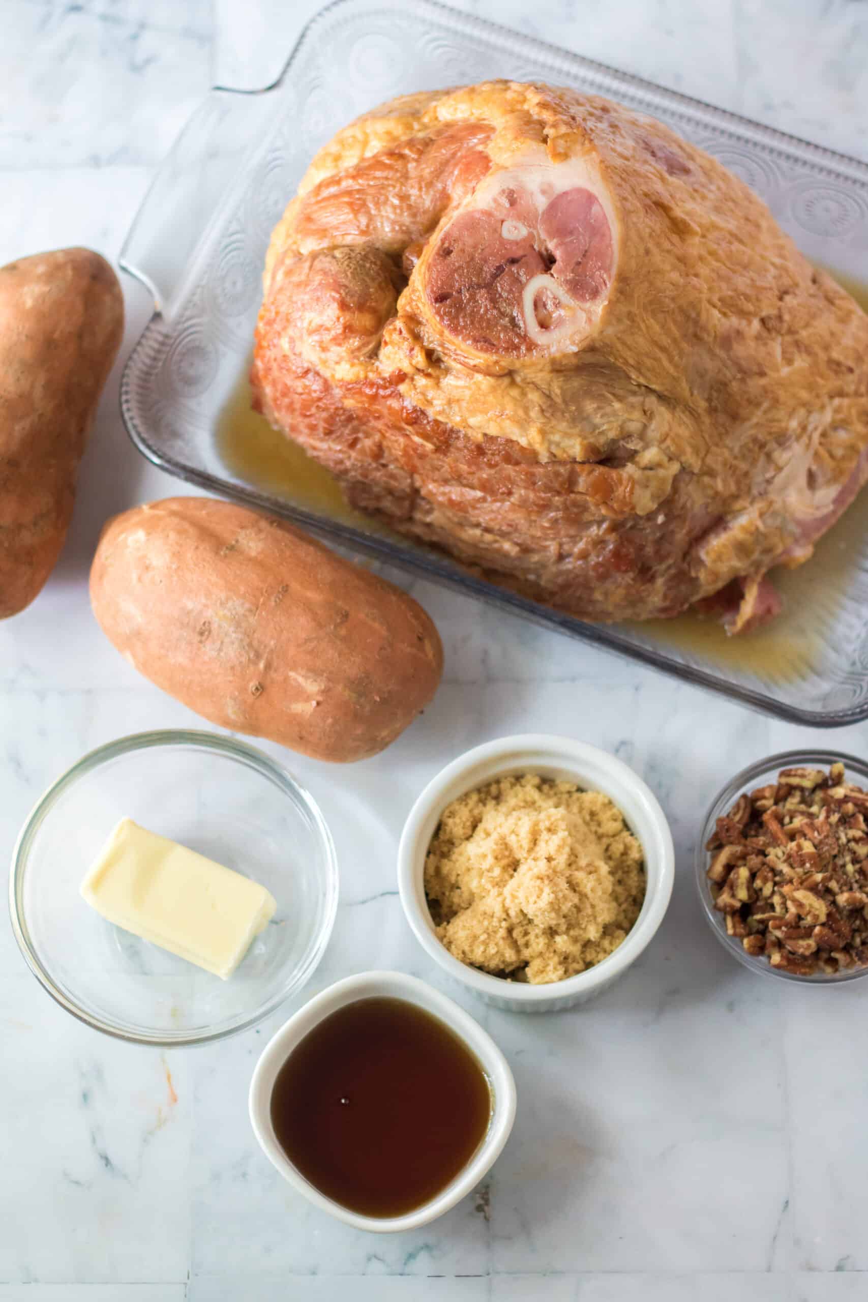 ingredients for pecan praline glazed ham