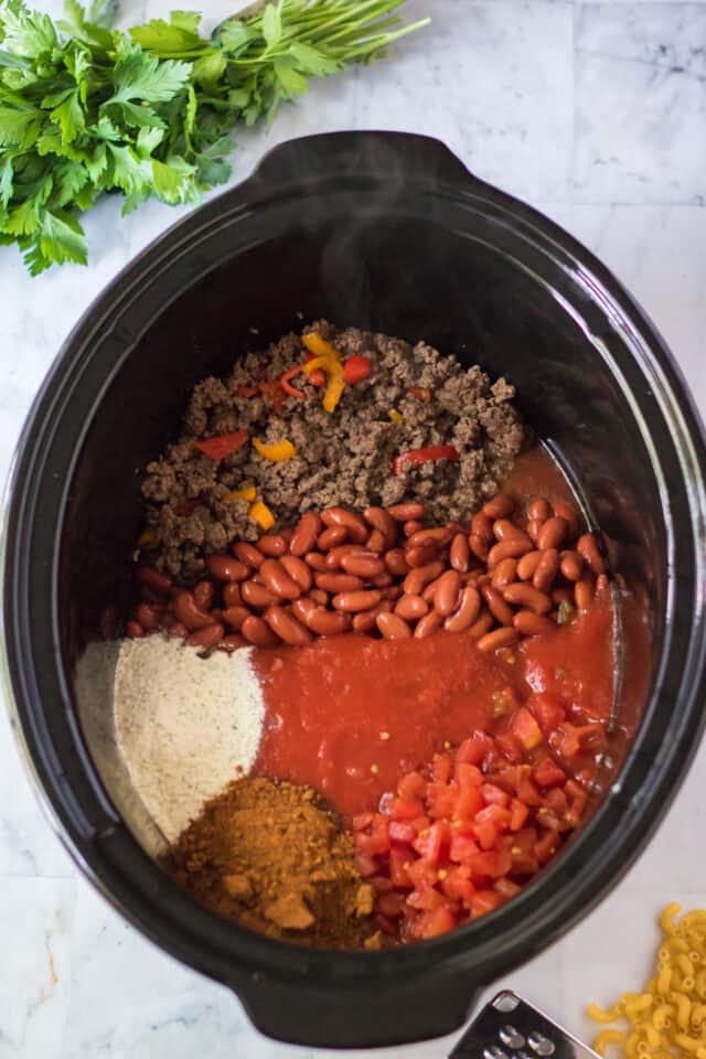 Slow Cooker Chili Mac - Moore or Less Cooking